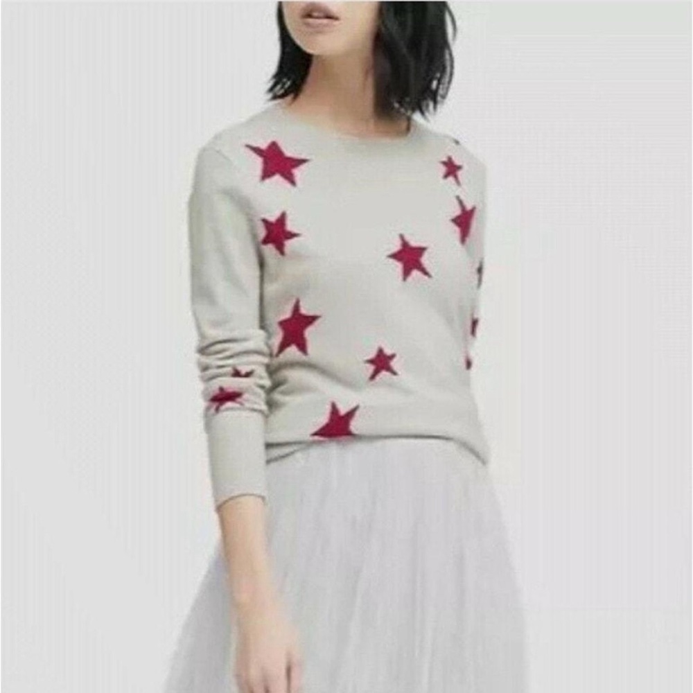 Banana Republic Extra Fine Merino Wool Blend Gray Pink Stars Sweater Top Small